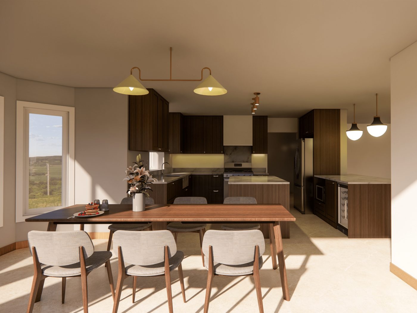 A real PHS 3D rendering — a kitchen and dining room, rendered before the build