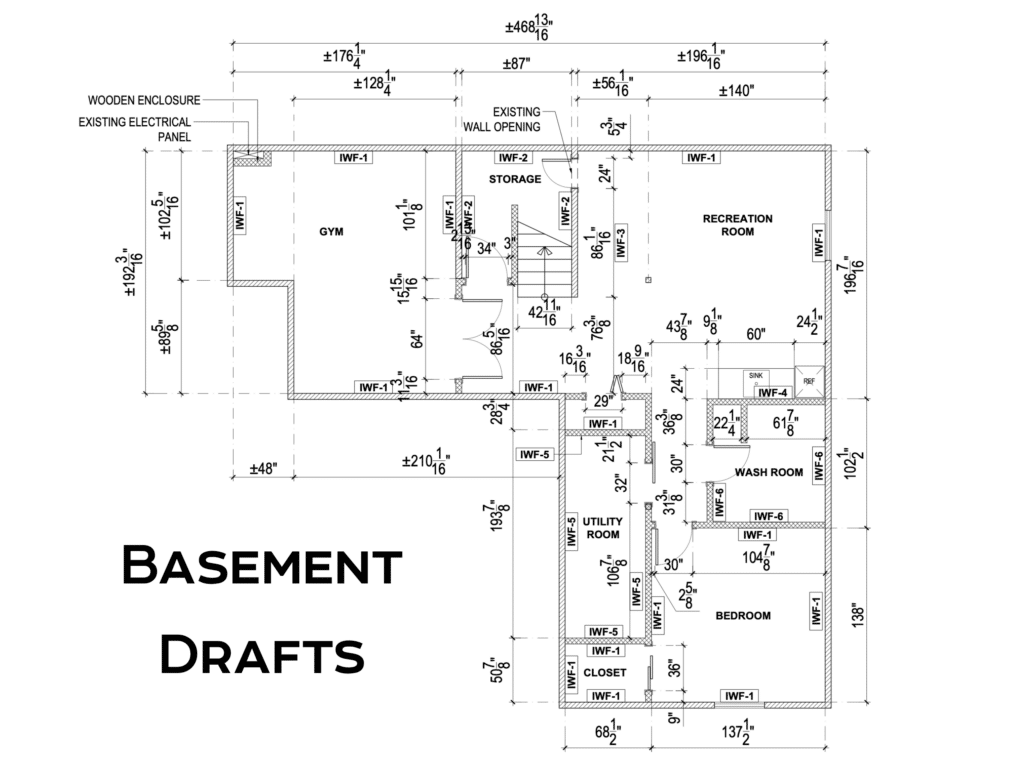 A real PHS construction drawing — a dimensioned basement floor plan