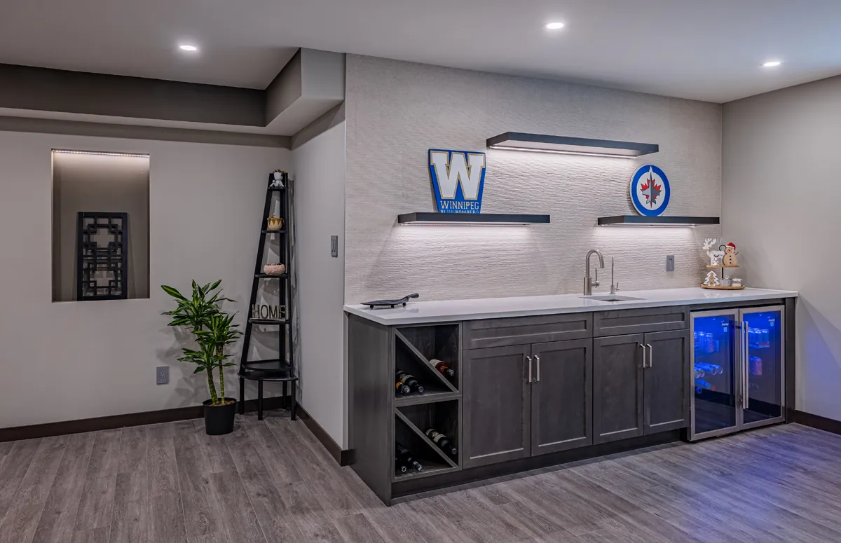 Basement wet bar with beverage fridges