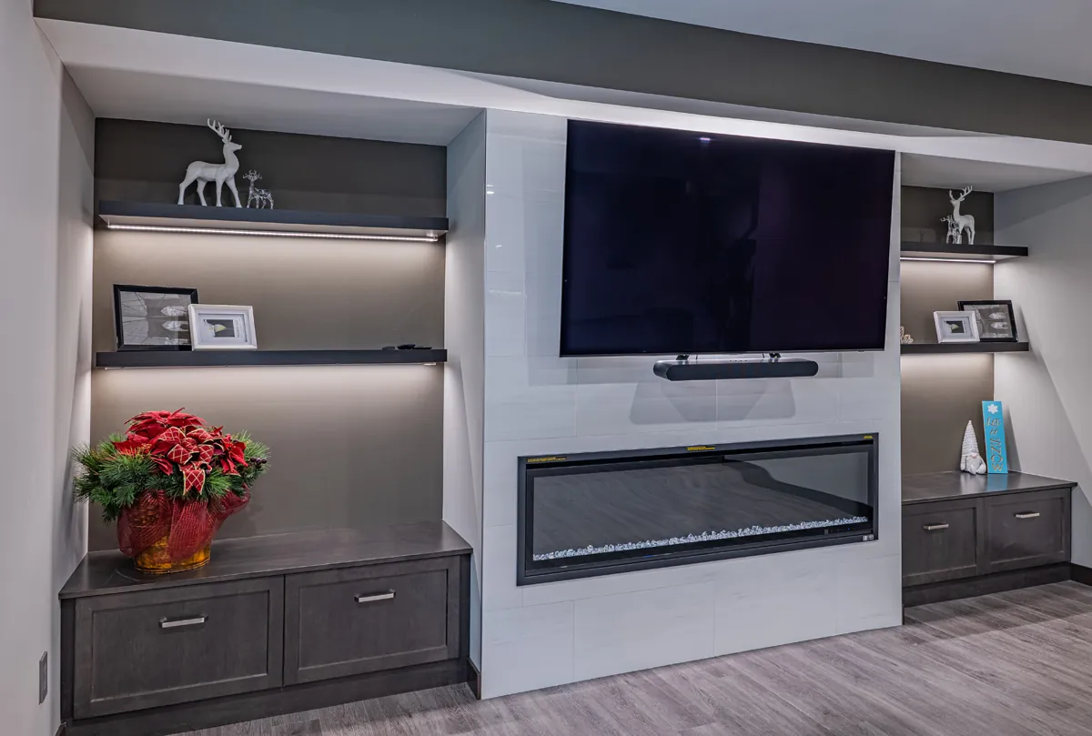 Built-in media wall with floating shelves